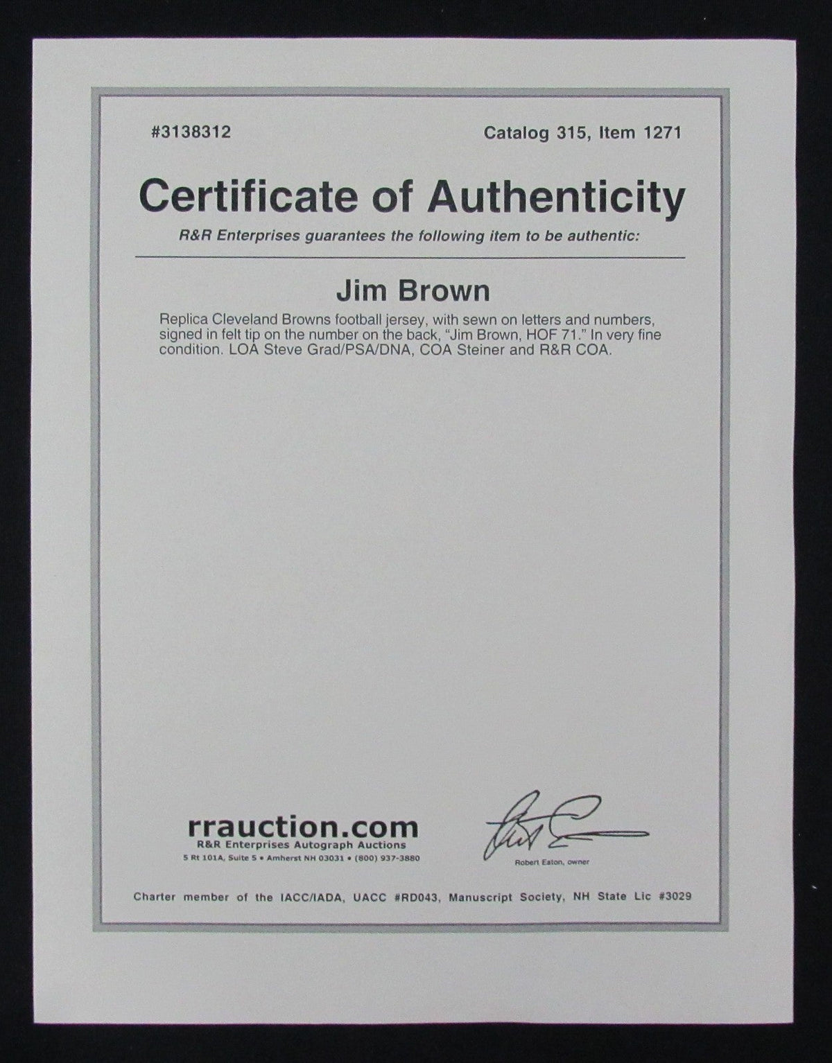 Jim Brown HOF Signed/Inscribed Cleveland Browns Jersey PSA/DNA Steiner 200887