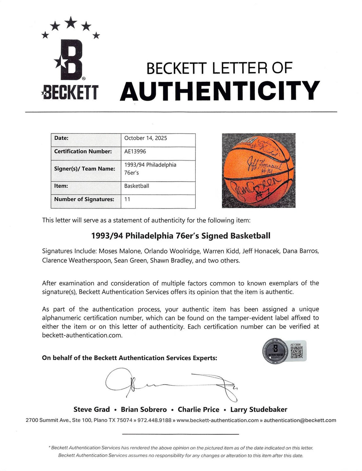 1993-94 76ers (11) Malone, Woolridge, Hornacek Signed Basketball BAS #AE13996