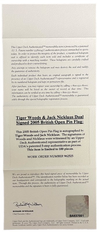 Tiger Woods / Jack Nicklaus Autographed Framed 2005 British Open Flag UDA LE 100