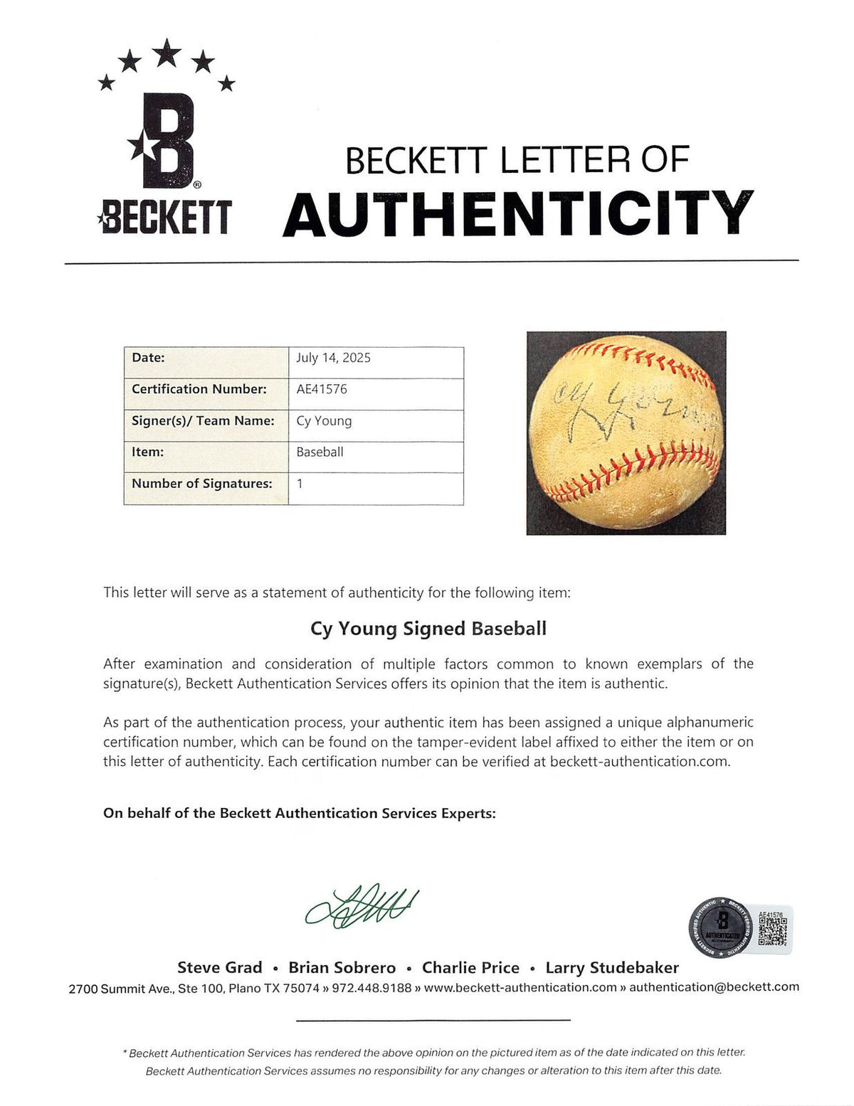 Cy Young Authentic Signed Official Interstate League Baseball BAS #AE41576