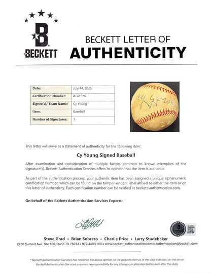 Cy Young Authentic Signed Official Interstate League Baseball BAS #AE41576