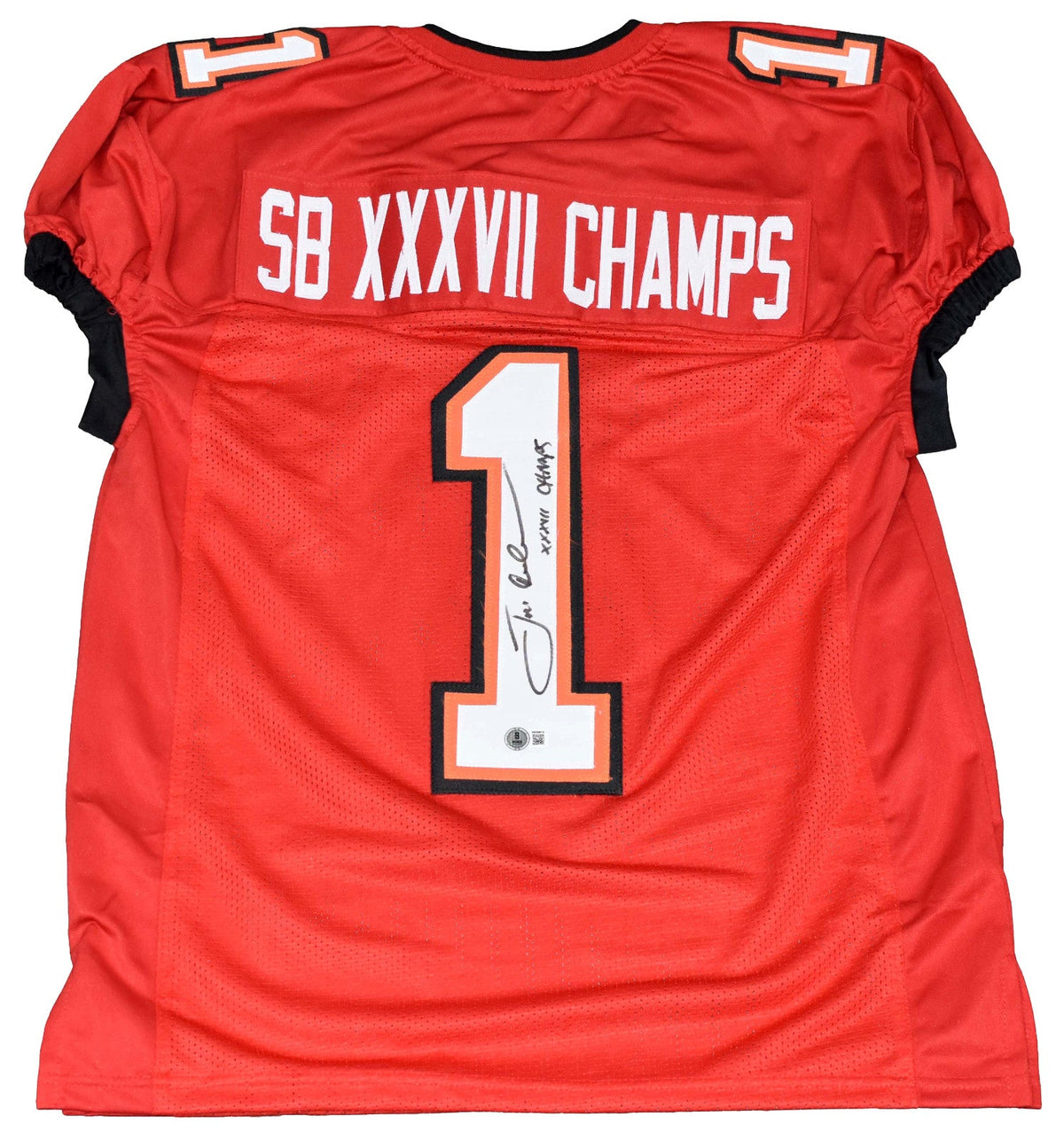 JON GRUDEN SIGNED TAMPA BAY BUCCANEERS #1 RED SB XXXVII CHAMPS JERSEY BECKETT