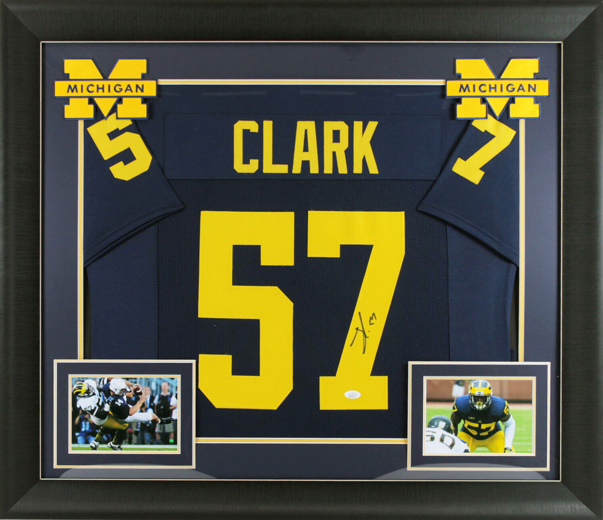 Michigan Frank Clark Authentic Signed Navy Blue Pro Style Framed Jersey JSA