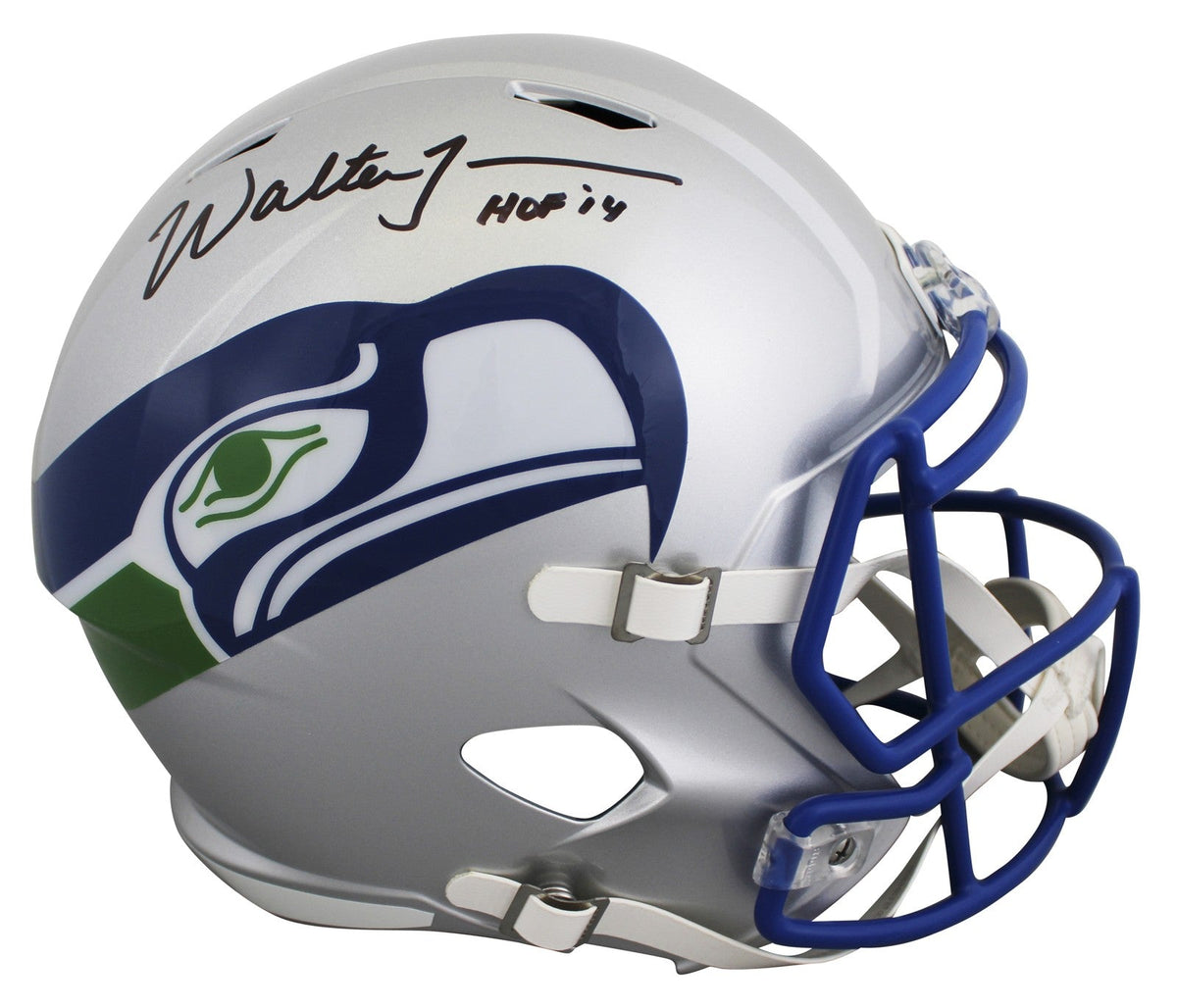 Seahawks Walter Jones "HOF 14" Signed 1983-01 TB F/S Speed Rep Helmet BAS Wit