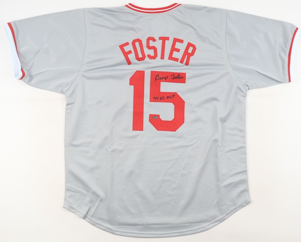 George Foster Signed Cincinnati Reds Road Jersey Inscribed "77 NL MVP"(Schwartz)