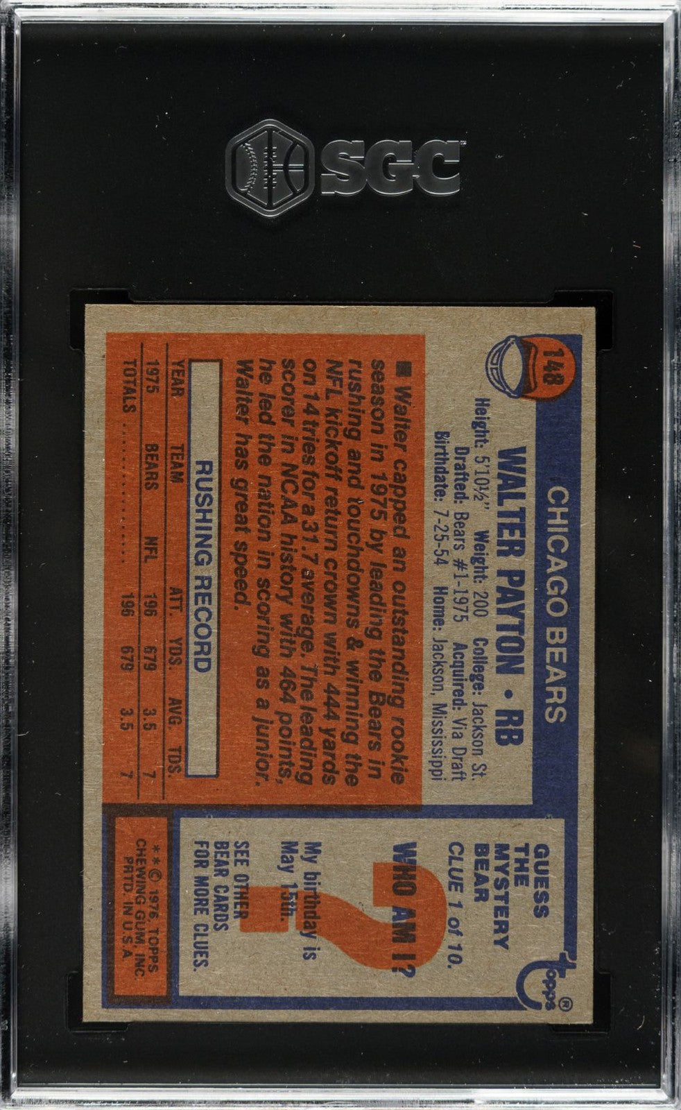 Walter Payton 1976 Topps #148 Chicago Bears Rookie Card SGC VG-EX 4
