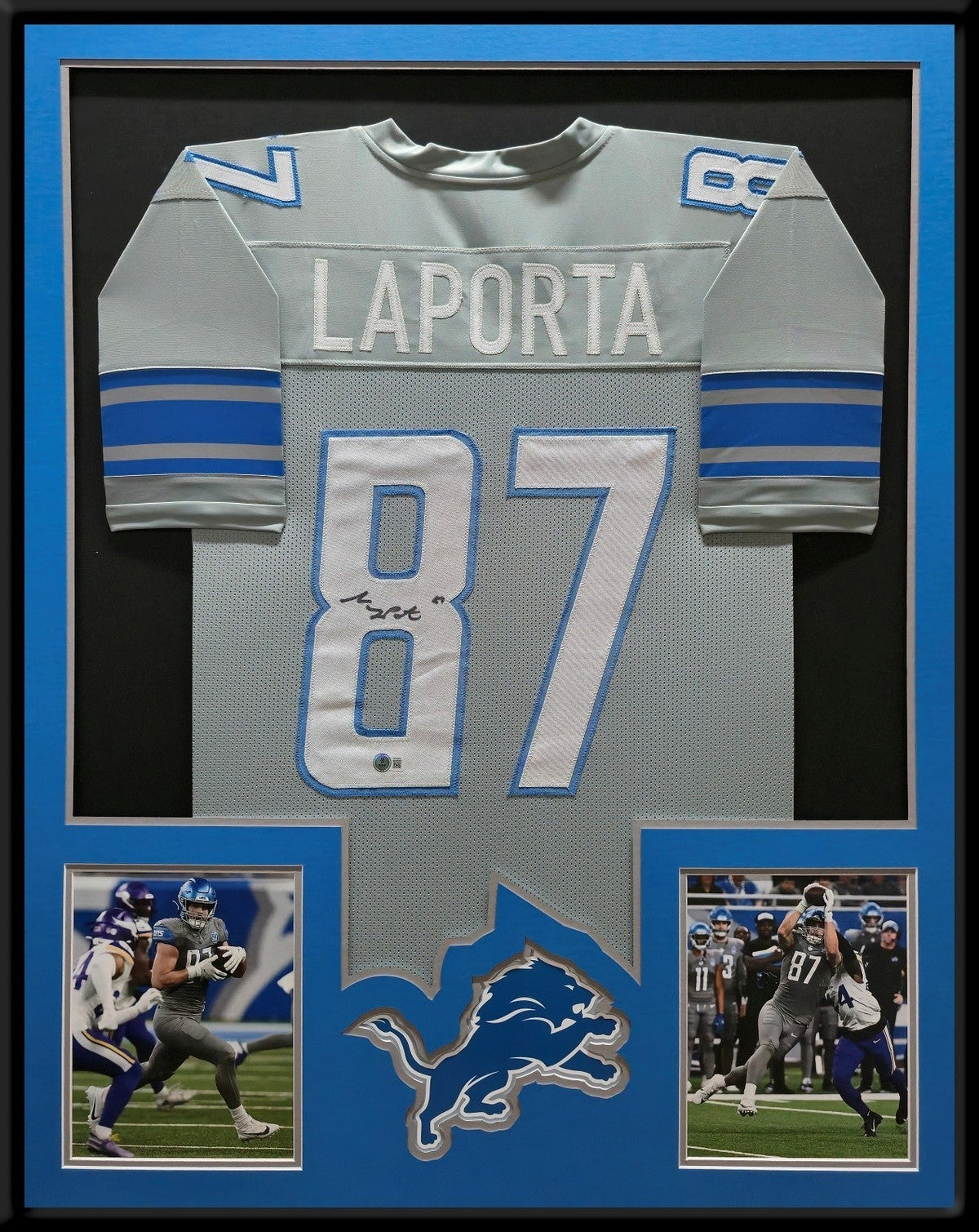 FRAMED DETROIT LIONS SAM LAPORTA AUTOGRAPHED SIGNED JERSEY BECKETT HOLOGRAM
