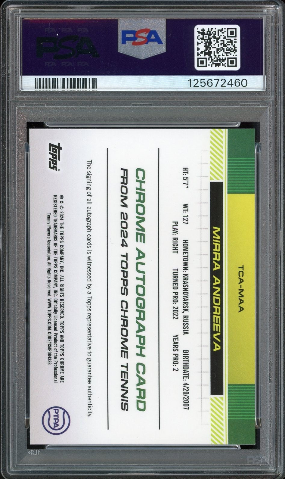 2024 Topps Chrome Sapphire Tennis Purple /10 Mirra Andreeva Auto RC PSA 9 MINT