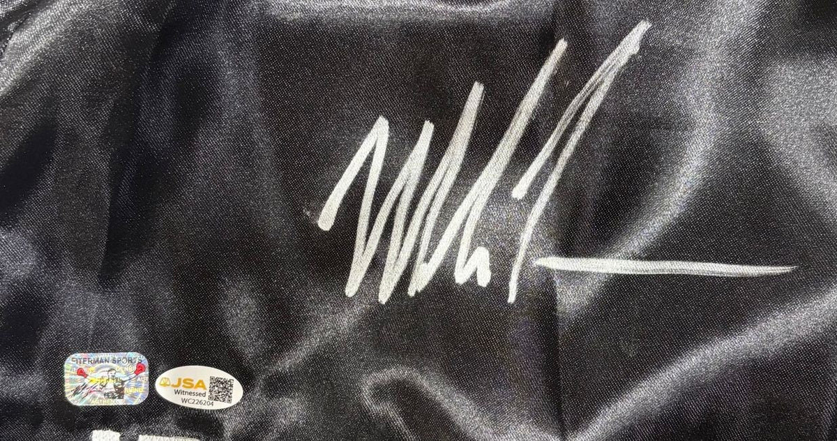Mike Tyson Signed Custom Black Baddest Man Boxing Trunks JSA QR Hologram