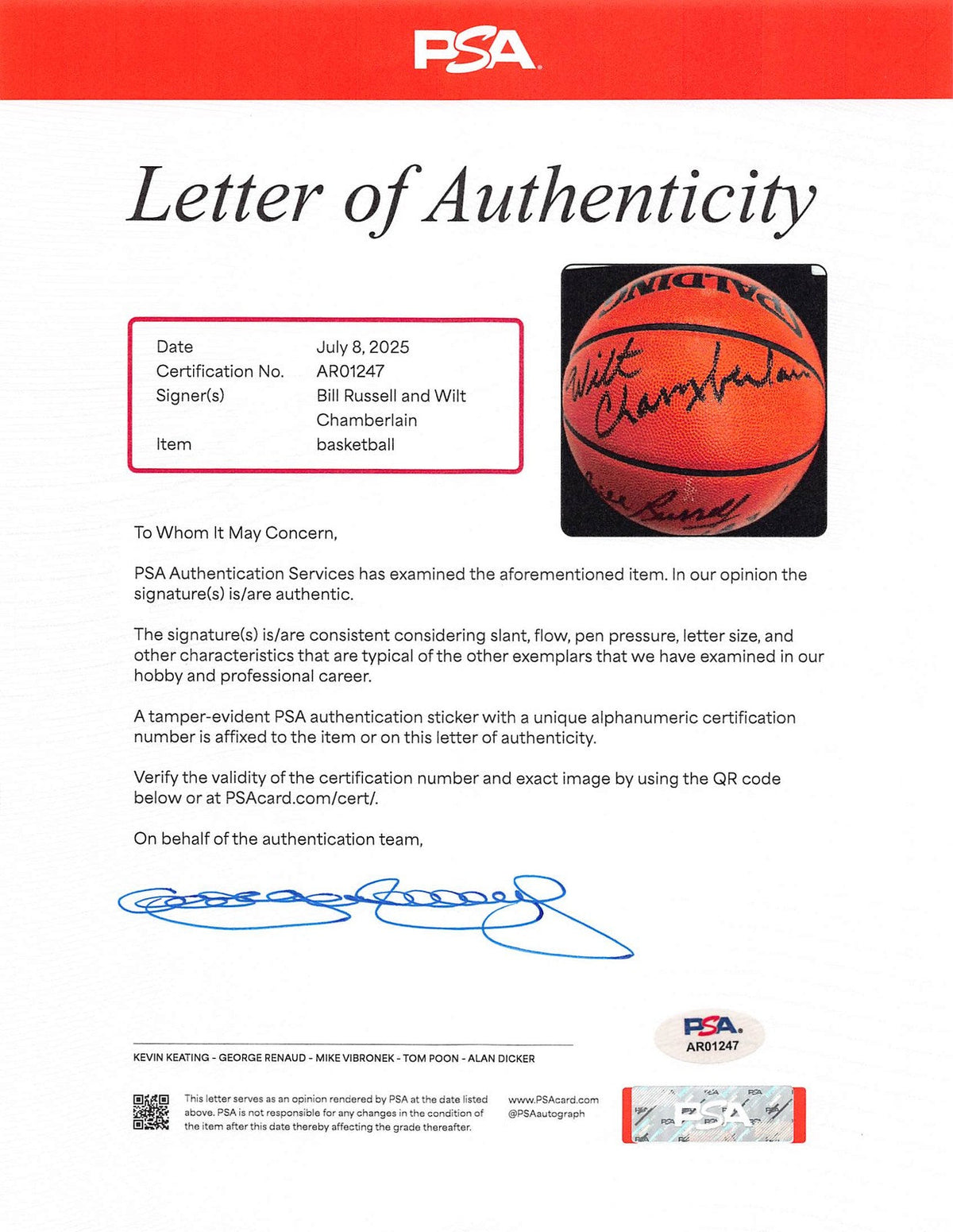 Wilt Chamberlain & Bill Russell Signed Official NBA Game Ball Basketball BAS