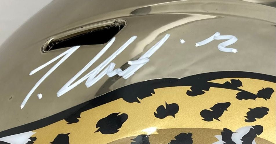 Travis Hunter Signed Jacksonville Jaguars FS Chrome Speed Replica Helmet BAS
