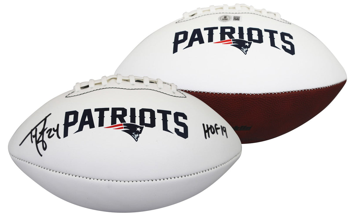 Patriots Ty Law "HOF 19" Signed Franklin White Panel Logo Football W/ Case BAS W