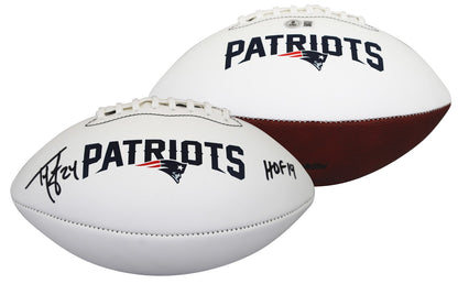 Patriots Ty Law "HOF 19" Signed Franklin White Panel Logo Football W/ Case BAS W