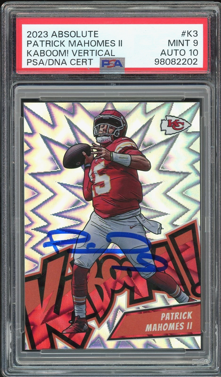 2023 Panini Absolute KABOOM! #K3 Patrick Mahomes On Card PSA 9/10 Auto MINT