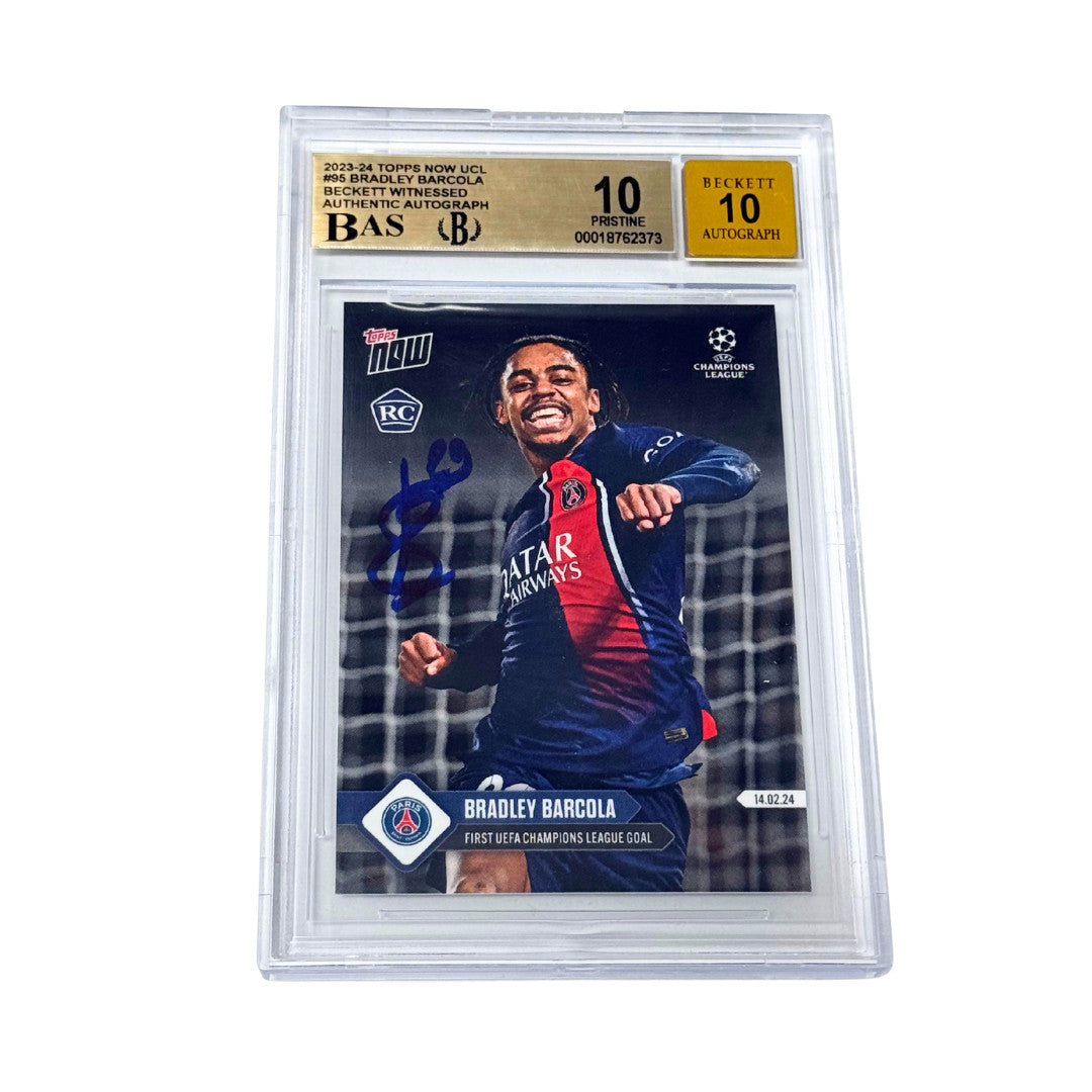 Bradley Barcola Signed 2023-24 Topps Now UCL #95 First Goal RC - BGS 10 AUTO 10
