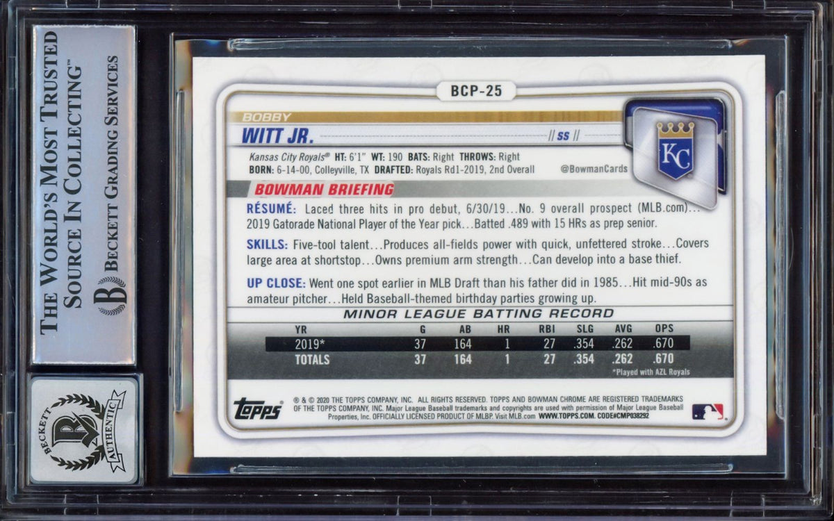 Bobby Witt Jr Signed 2020 Bowman Chrome #BCP25 KC Royals Rookie Card BAS Auto 10