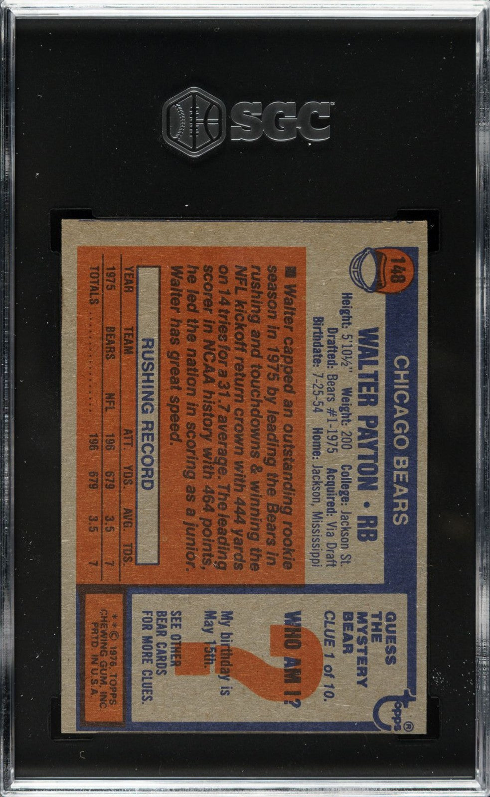 Walter Payton 1976 Topps #148 Chicago Bears Rookie Card SGC EX+ 5.5