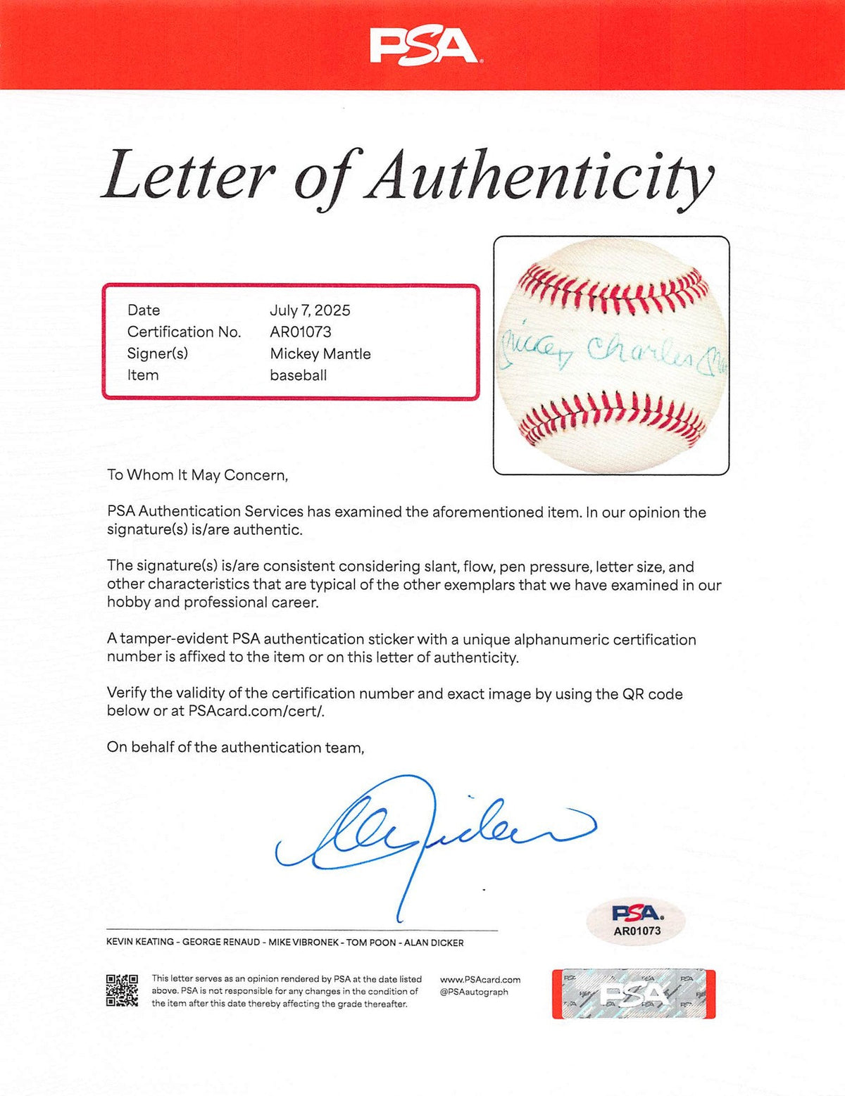 Yankees Mickey Charles Mantle Authentic Signed Oal Baseball PSA & BAS LOAs