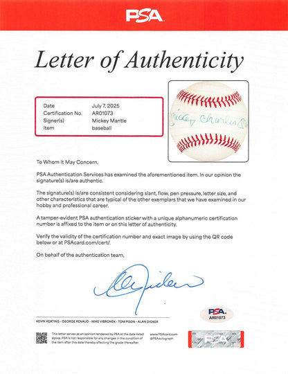 Yankees Mickey Charles Mantle Authentic Signed Oal Baseball PSA & BAS LOAs