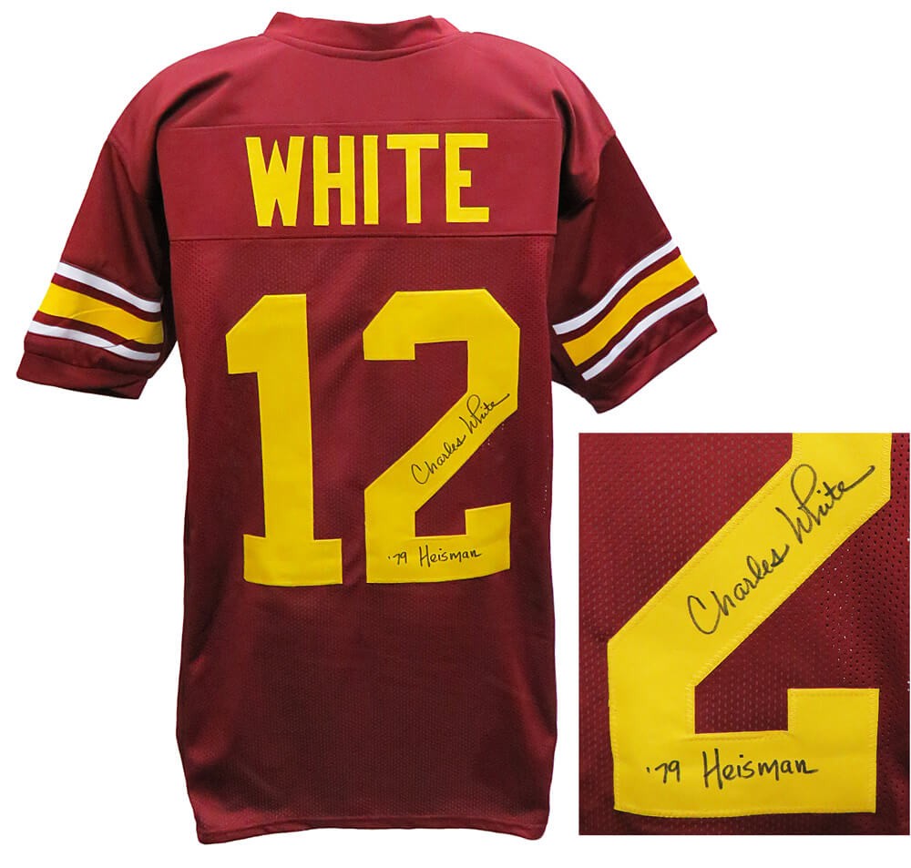 CHARLES WHITE USC Trojans Signed Red Football Jersey w/79 Heisman - SCHWARTZ