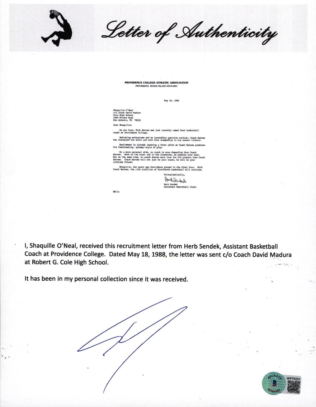 Herb Sendek & Shaquille O'Neal Signed 1988 Providence Recruitment Letter BAS