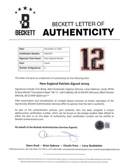 (6) Brady, Gronkowski, Gilmore, Edelman +2 Signed White Nike Elite Jersey BAS