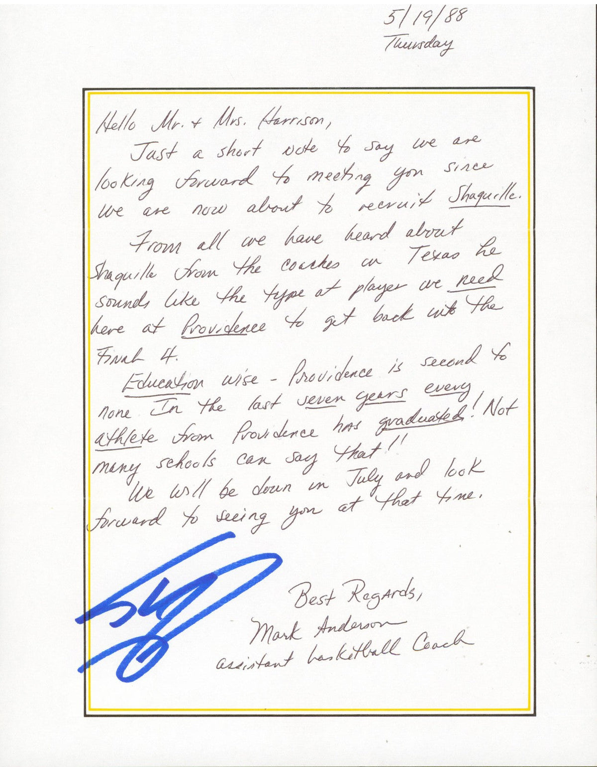 Shaquille O'Neal Signed 1988 Providence Handwritten Recruitment Letter BAS