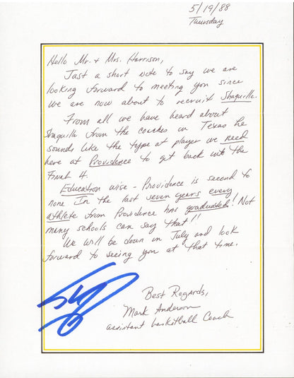 Shaquille O'Neal Signed 1988 Providence Handwritten Recruitment Letter BAS