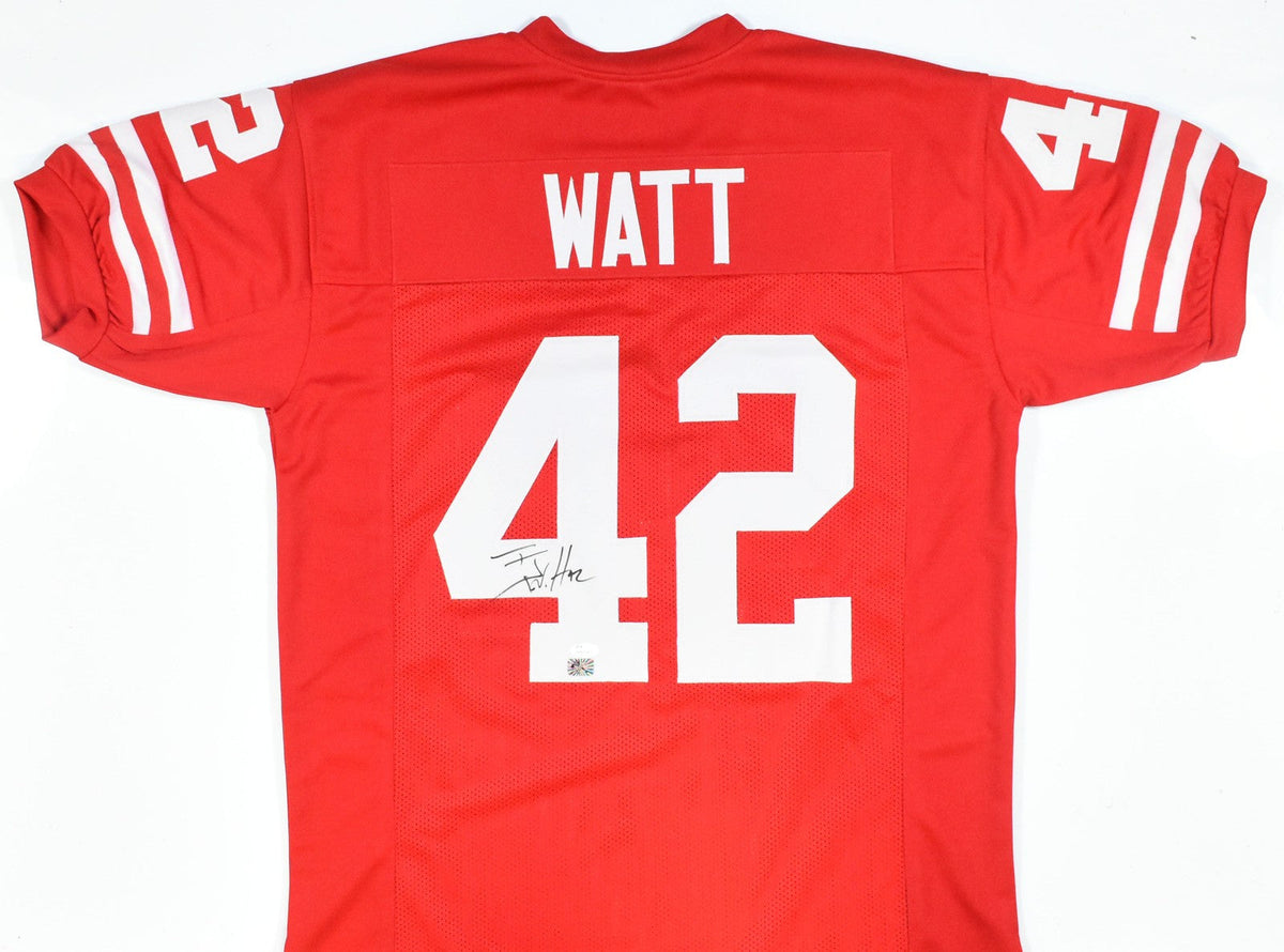 T.J. Watt Autographed Red College Style Jersey - JSA W *Black