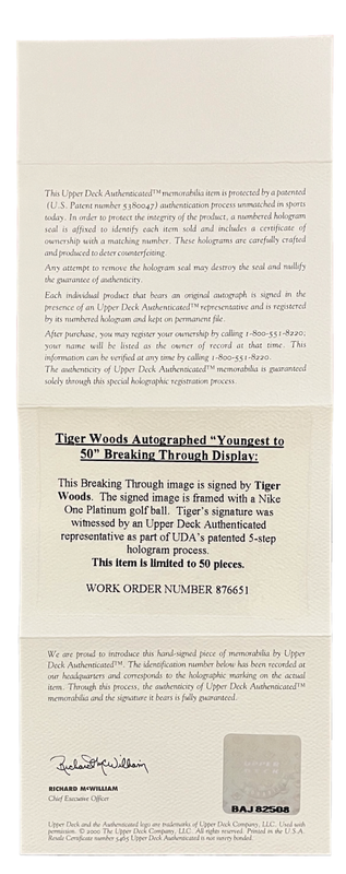 Tiger Woods Autographed "Youngest to 50" Break Through Display UDA LE 50