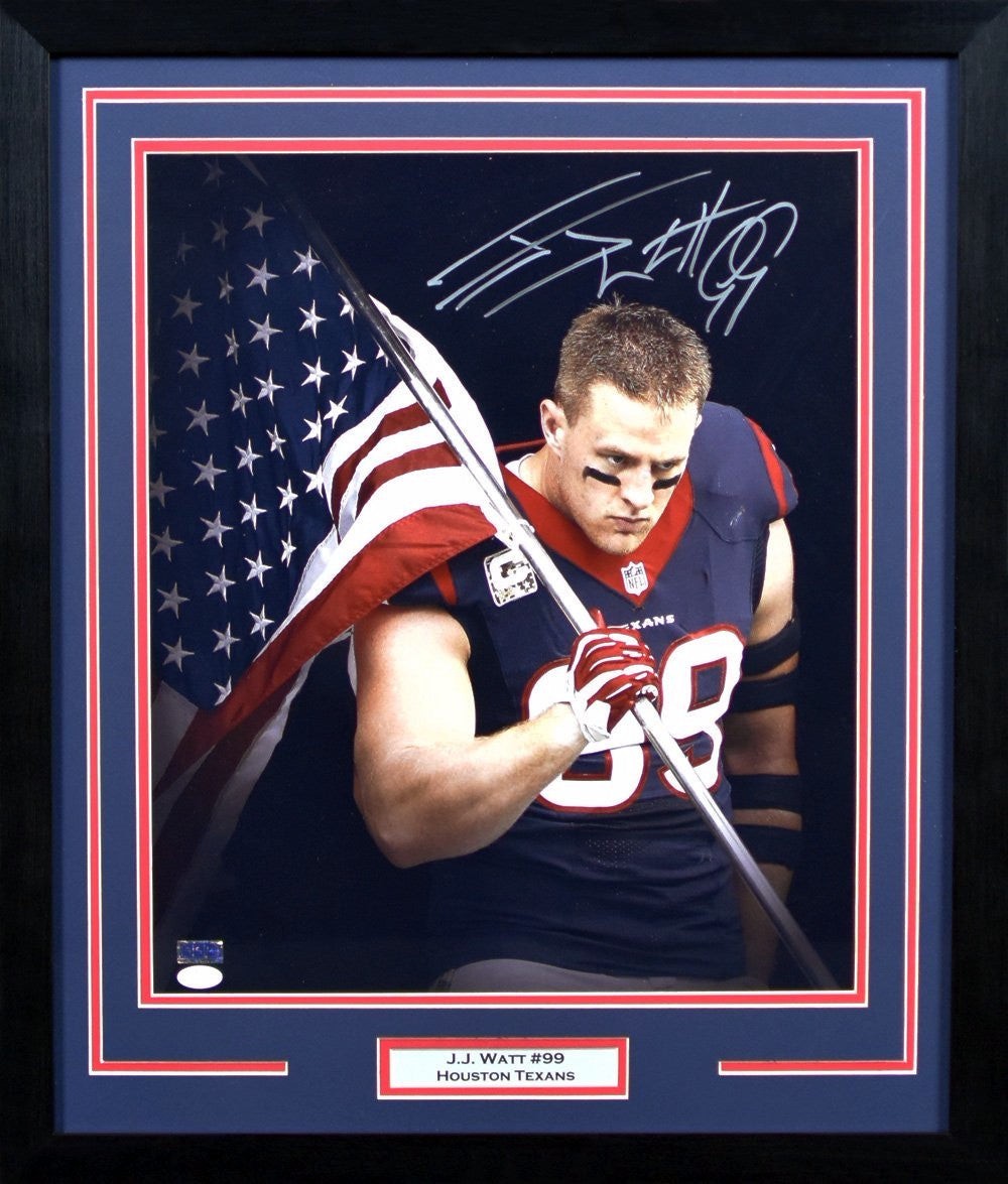 JJ WATT AUTOGRAPHED HOUSTON TEXANS USA FLAG 16x20 FRAMED PHOTO JSA
