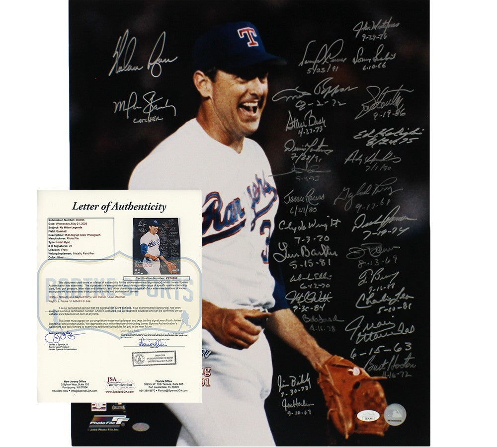 N Ryan, G Perry, J Palmer Multi-Signed TX Rangers Unframed 16x20 Photo - 27 sigs