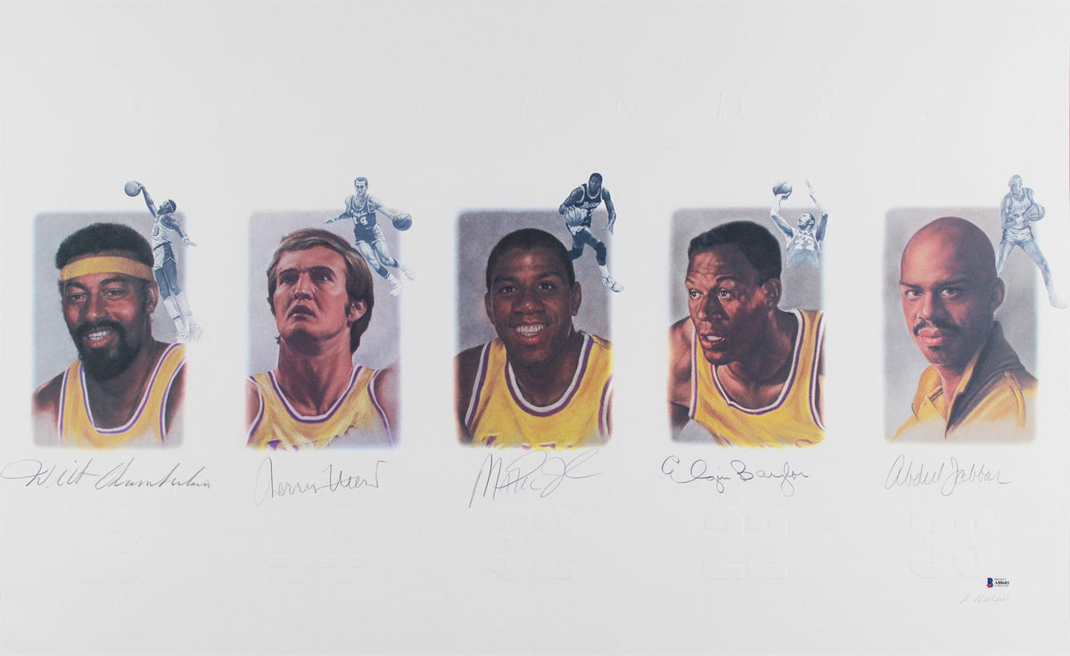 Lakers Legends (5) Chamberlain Jabbar Johnson Signed & Framed 22x39 Litho BAS 1