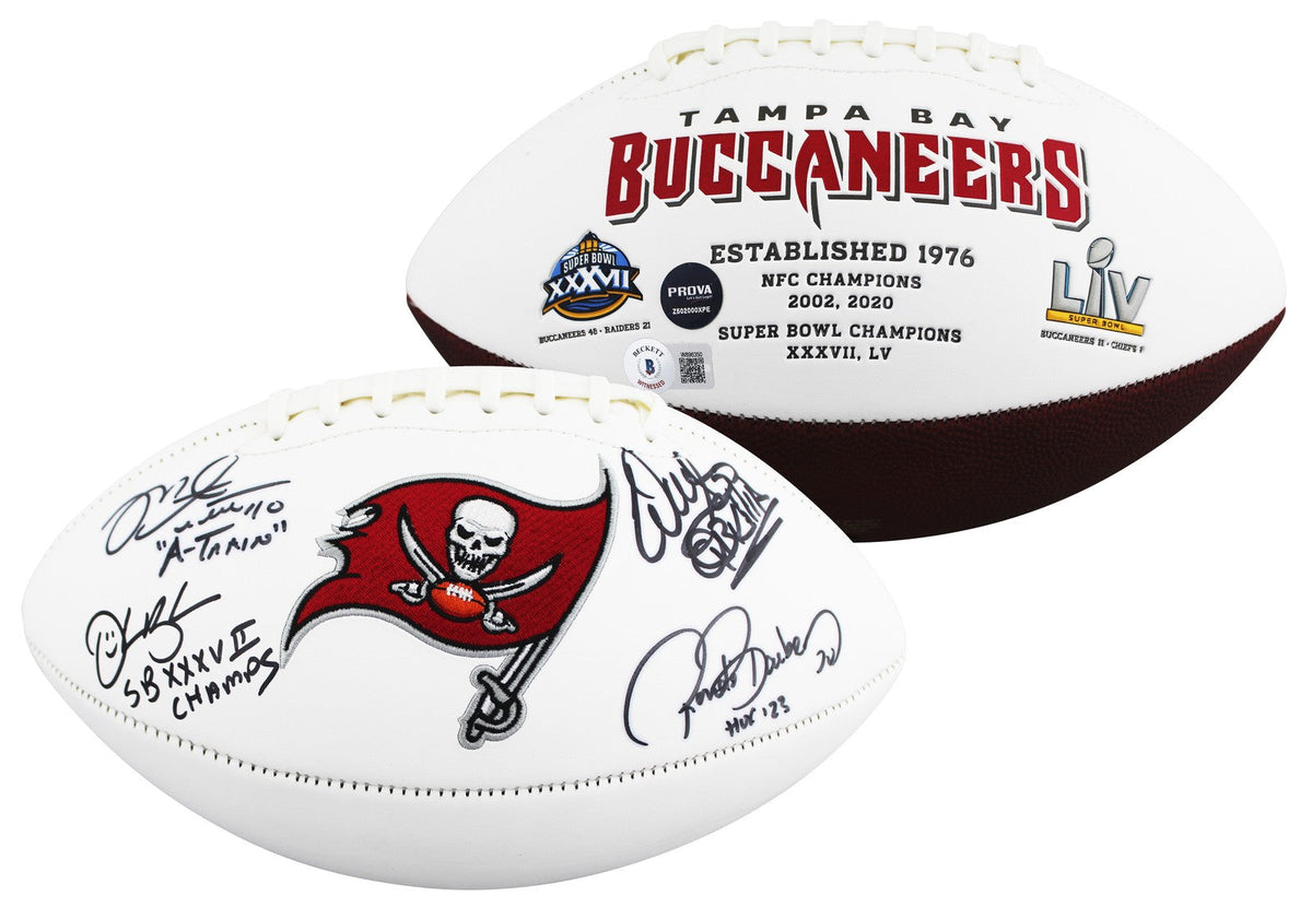Bucs (4) Sapp, Barber, Alstott & Brooks Signed Wilson White Panel Football BAS W