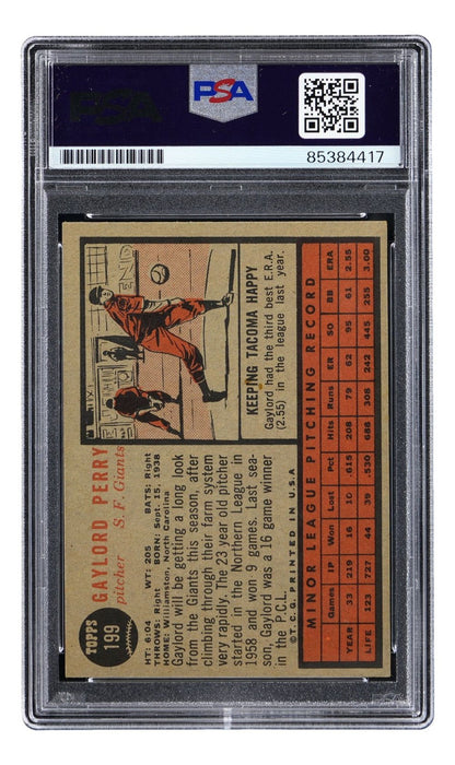 Gaylord Perry Signed 1962 Topps #199 San Francisco Giants Rookie Card PSA