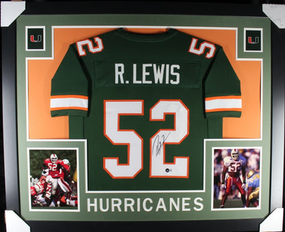 Ray Lewis Autographed College Style Green XL Framed Jersey 35x43 Beckett 51227
