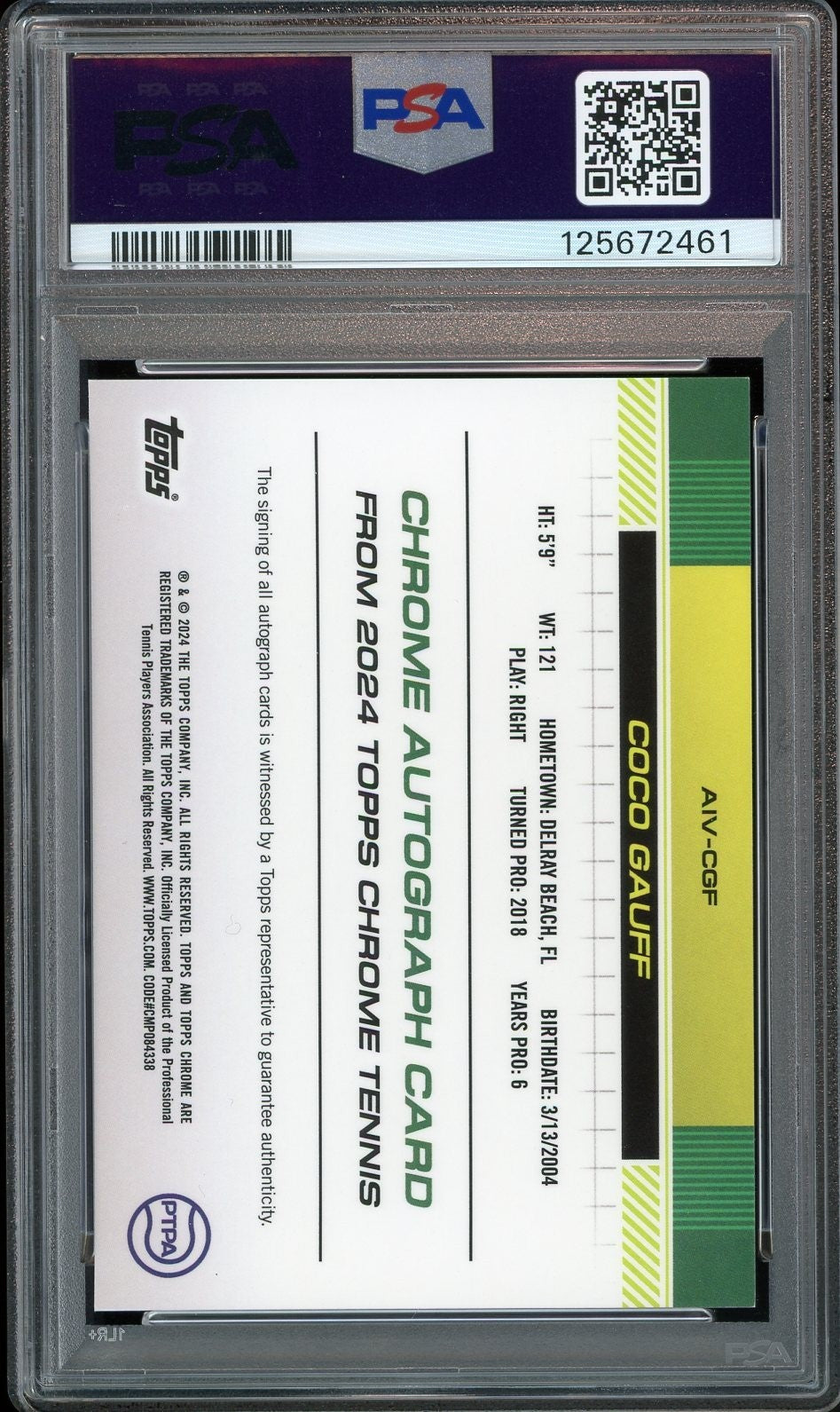 2024 Topps Chrome Sapphire Tennis Purple /10 Coco Gauff Auto RC PSA 9 MINT