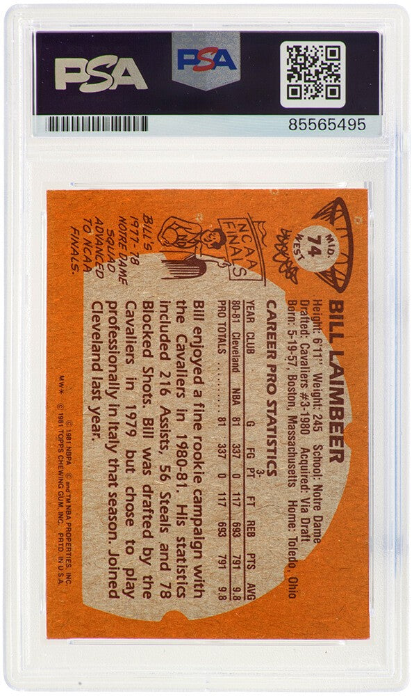 Bill Laimbeer Signed Cavaliers 1981 Topps RC Basketball Card #74W (PSA / Auto 8)