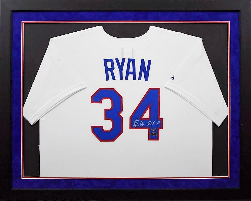 NOLAN RYAN AUTOGRAPHED TEXAS RANGERS MAJESTIC #34 FRAMED JERSEY W/ HOF 99