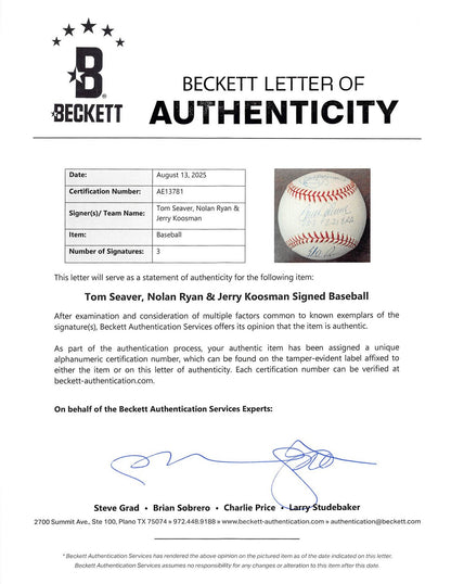 Mets Tom Seaver, Nolan Ryan & Jerry Koosman Signed Sellig Baseball BAS #AE13781