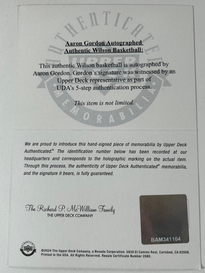 Aaron Gordon Autographed NBA I/O Basketball Upper Deck Authenticated
