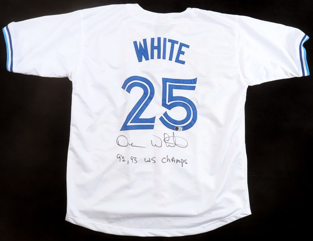 Devon White Signed Toronto Blue Jays Jersey Inscribed 92, 93 WS Champ (Beckett)