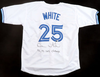 Devon White Signed Toronto Blue Jays Jersey Inscribed 92, 93 WS Champ (Beckett)