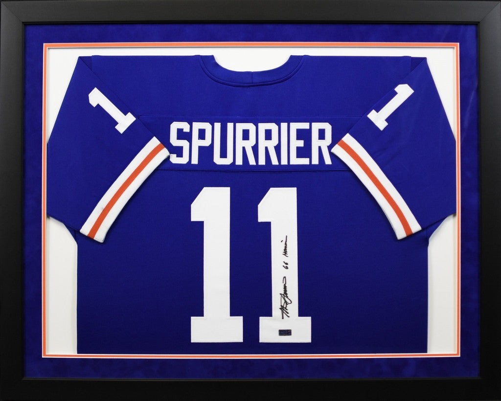 STEVE SPURRIER AUTOGRAPHED FLORIDA GATORS #11 BLUE FRAMED JERSEY W/ 66 HEISMAN