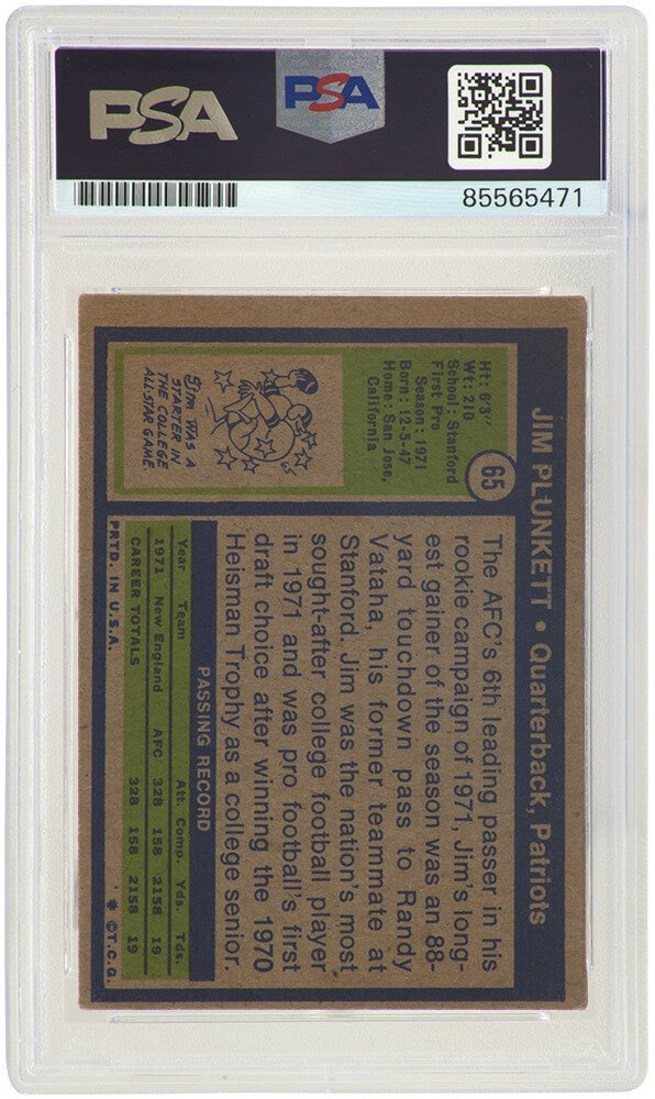 Jim Plunkett Signed Patriots 1972 Topps RC Football Card #65 -(PSA Encapsulated)