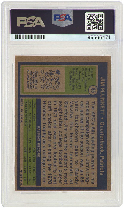 Jim Plunkett Signed Patriots 1972 Topps RC Football Card #65 -(PSA Encapsulated)