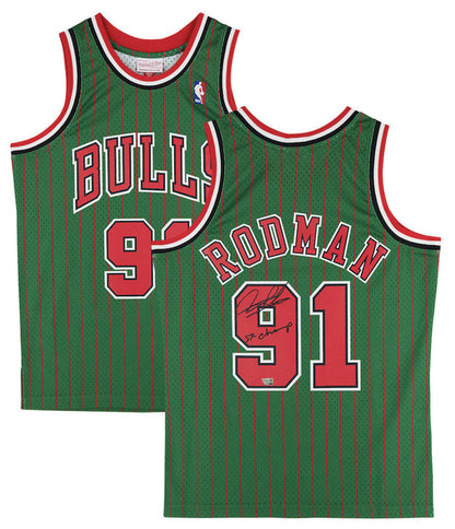 Dennis Rodman Autographed "5x Champ" Green Pinstripe Authentic Jersey Fanatics