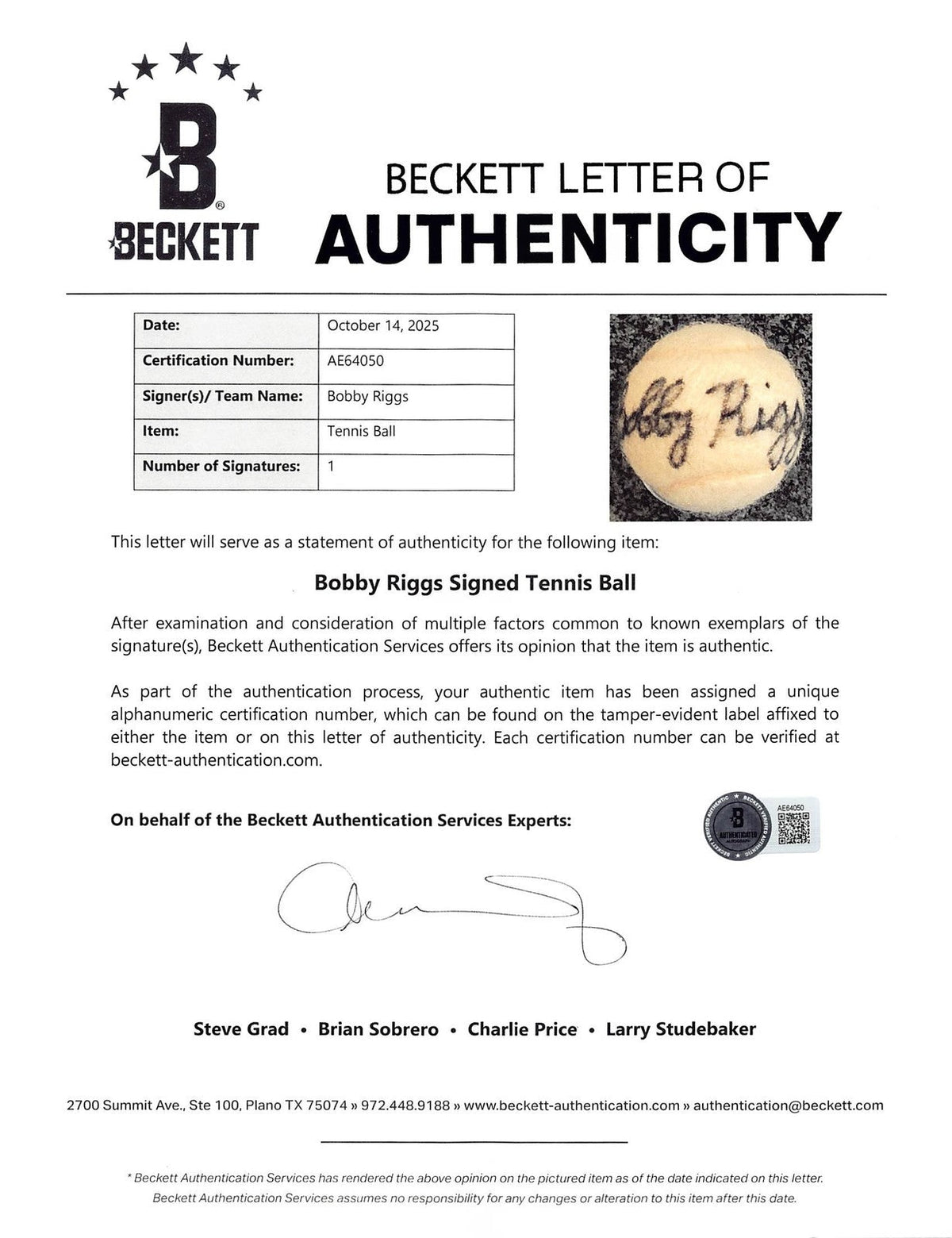 Bobby Riggs Authentic Signed Slazenger Tennis Ball Autographed BAS #AE64050