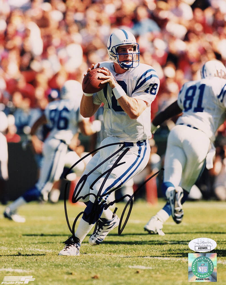 Peyton Manning Signed Colts White Jersey Dropback Action 8x10 Photo - (JSA COA)