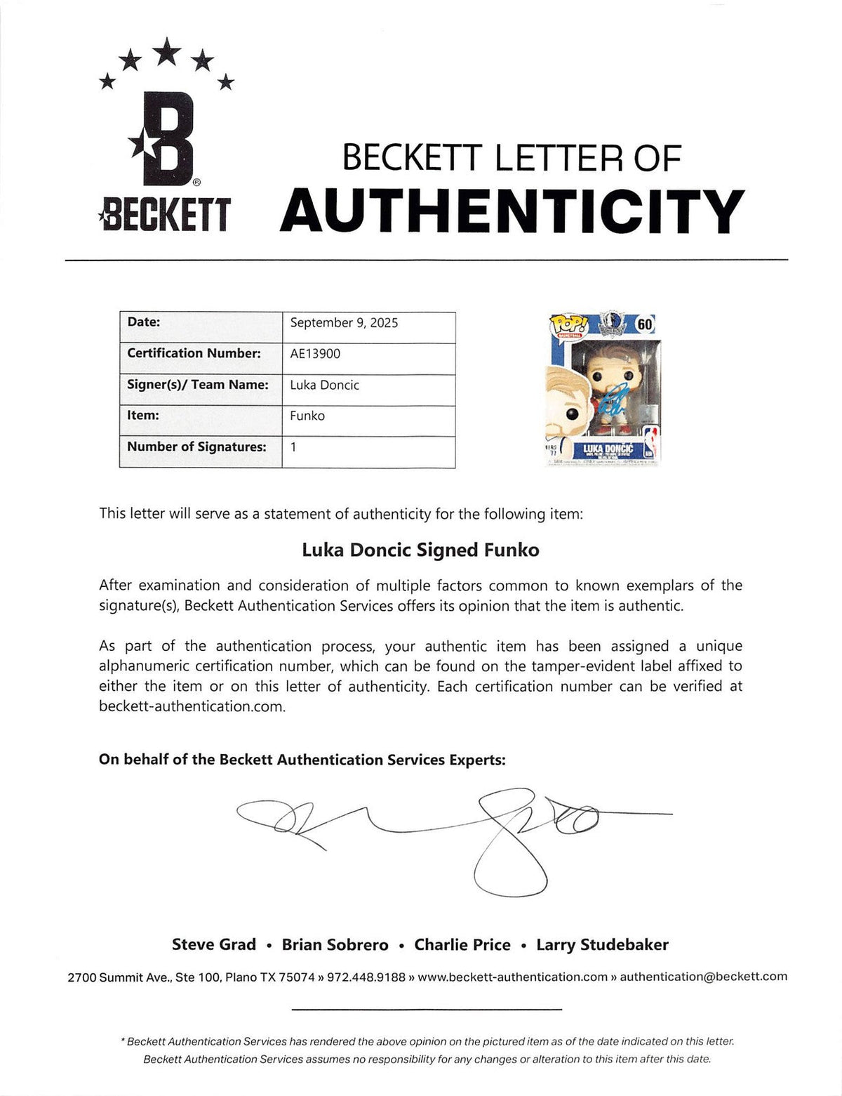 Mavericks Luka Doncic Authentic Signed #60 Funko Pop Vinyl Figure BAS #AE13900